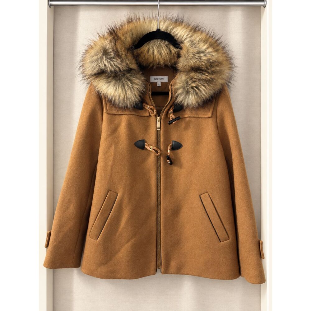 Nine West Camel Wool Coat with Faux-Fur Hood